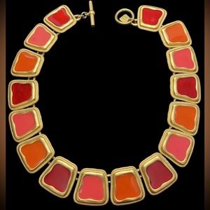 Vintage Anne Klein matte gold pink orange‎ enamel necklace square link